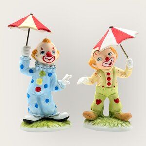 Lefton Clown Figurine With Umbrella Ceramic Lot of 2 Collectible Circus 01881